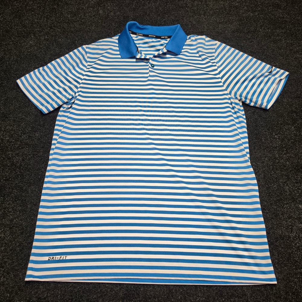 Nike Golf Dri-FIT Mens Medium Blue White Striped Short Sleeve Polo Shirt